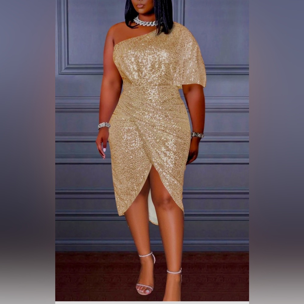 NWT Xpluswear Plus Size Formal Champagne Reflective Sequin One Shoulder